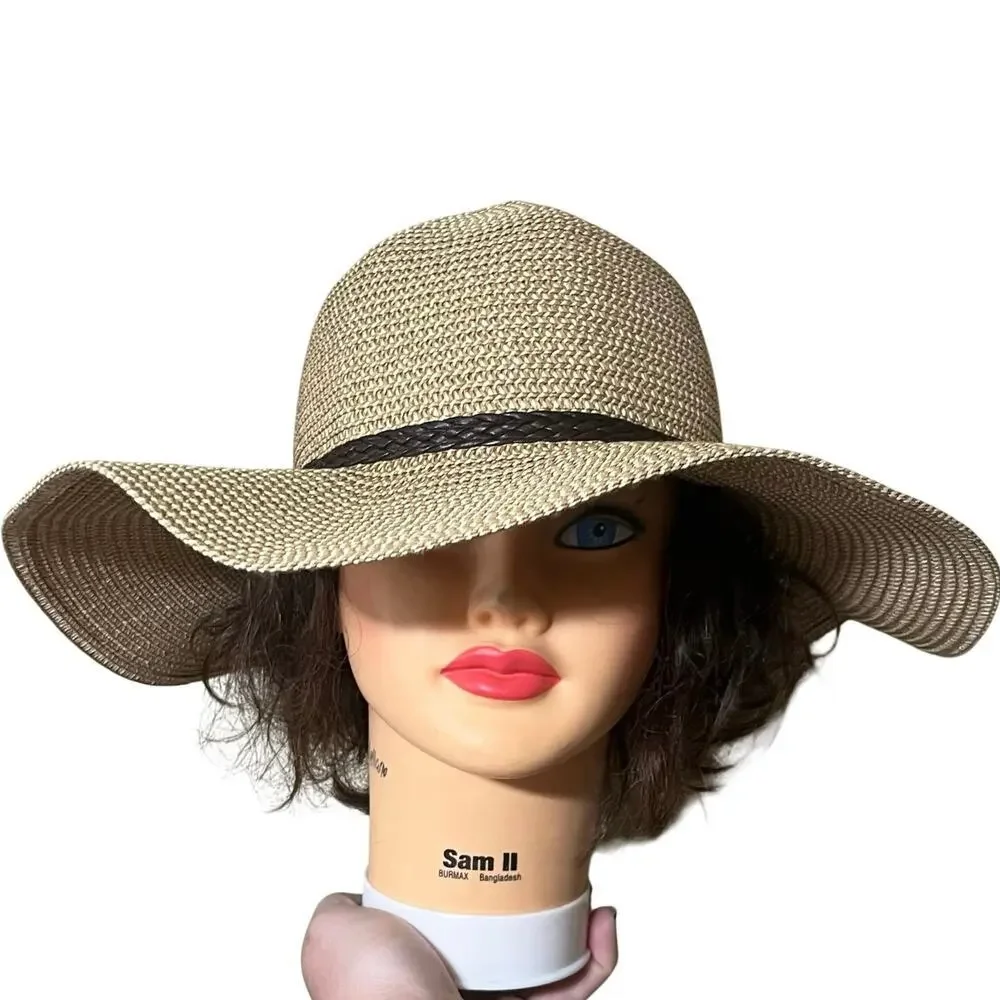 SunLily Wide Brim Straw Floppy Sun Hat Ladies OS Leather Trim Strap Boho Beach